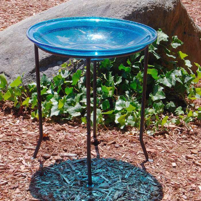 Crackle Glass Birdbath Teal w/Ring Stand